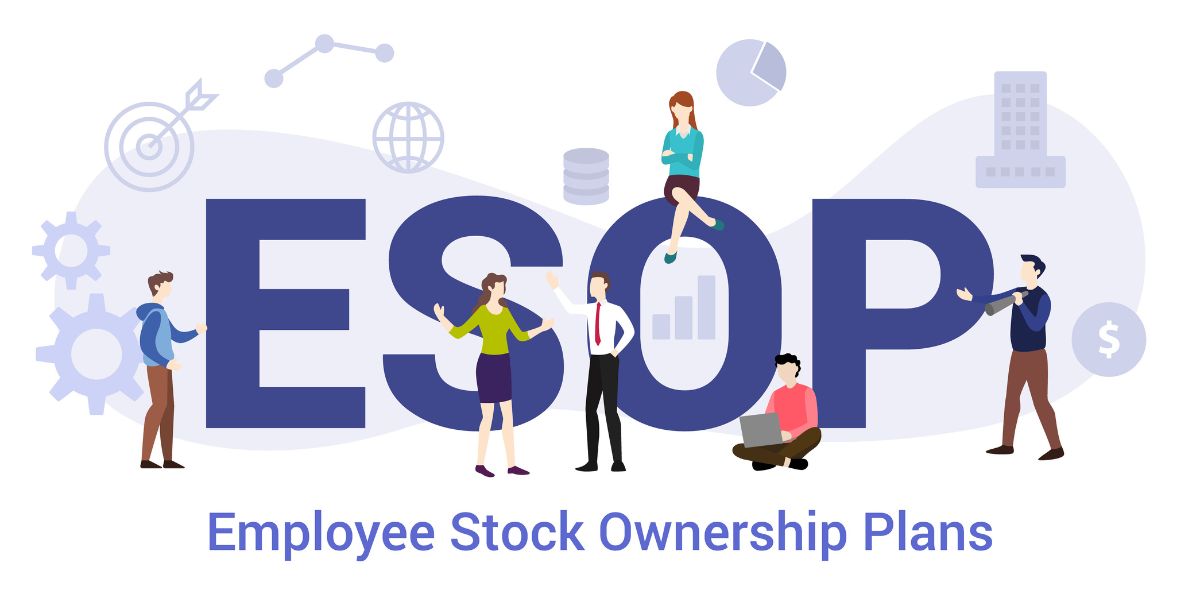 Graphic of Employees working around ESOP in Big Letters